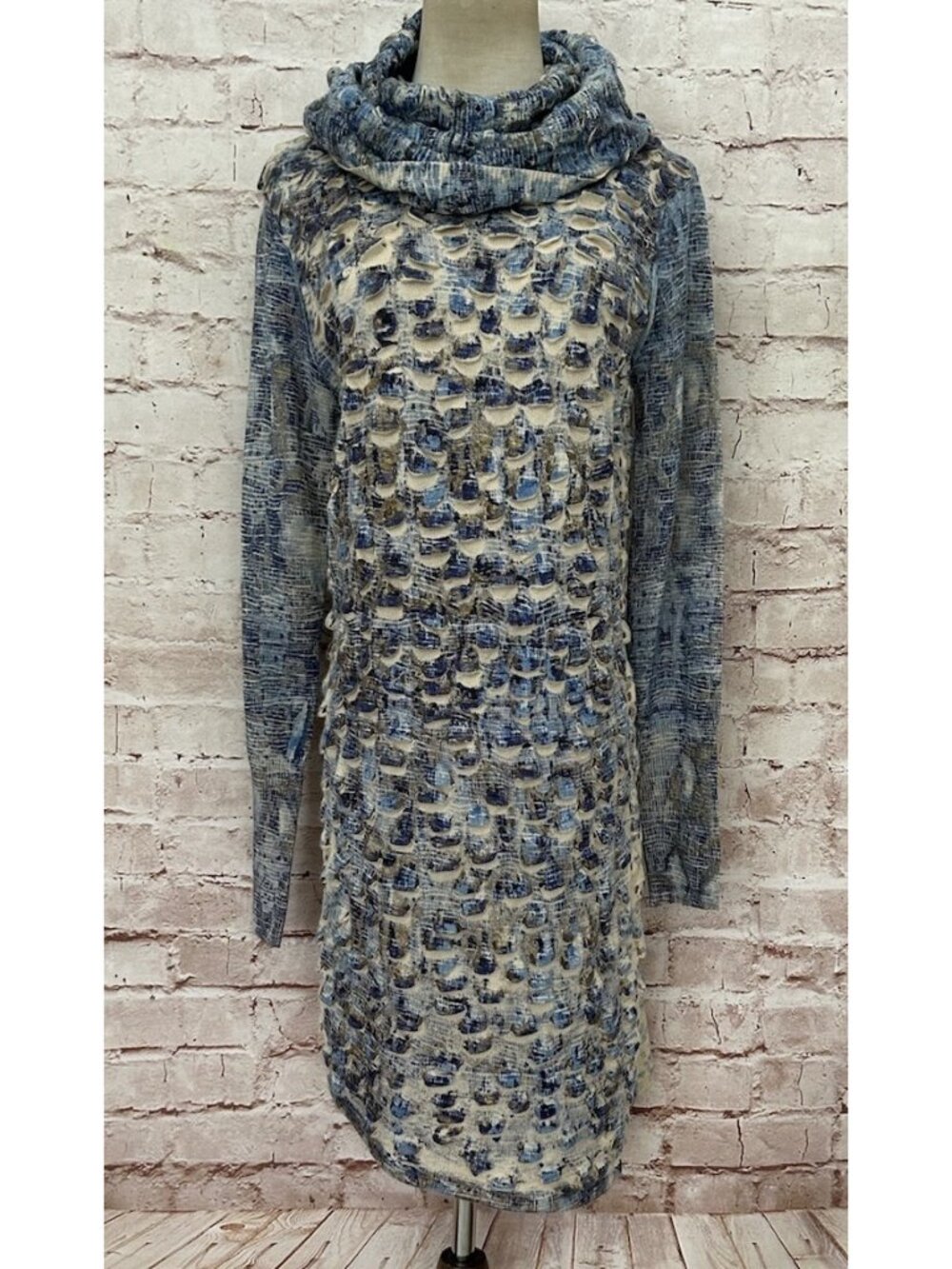 Alberto Makali Sweater Knit Dress Blue “Fish Scale” Cowl Neck Boho Art Size L
